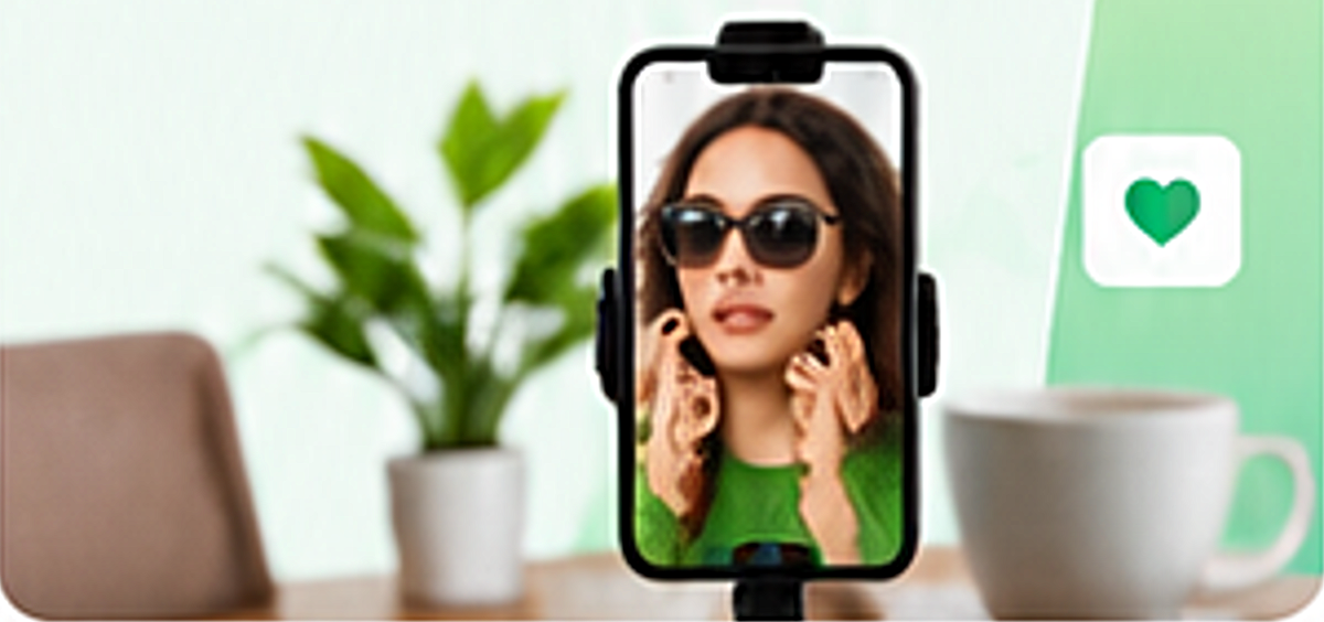 Creator content on a phone stand beside a plant and coffee cup